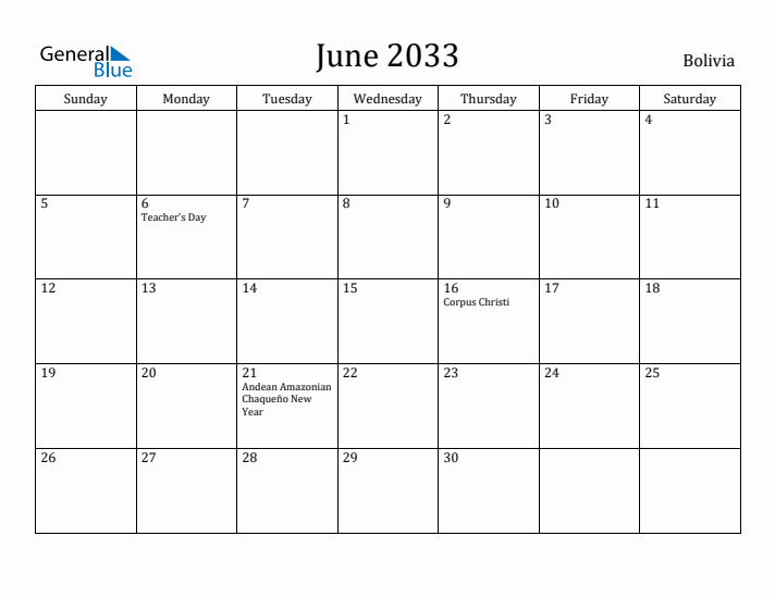 June 2033 Calendar Bolivia