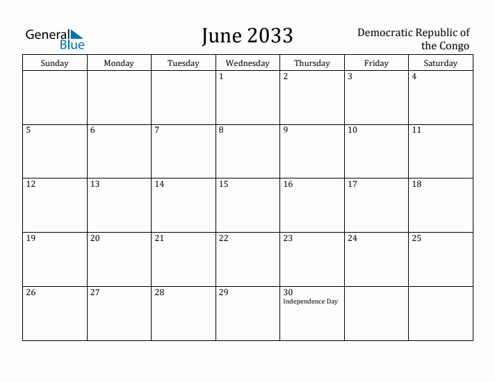 June 2033 Calendar Democratic Republic of the Congo