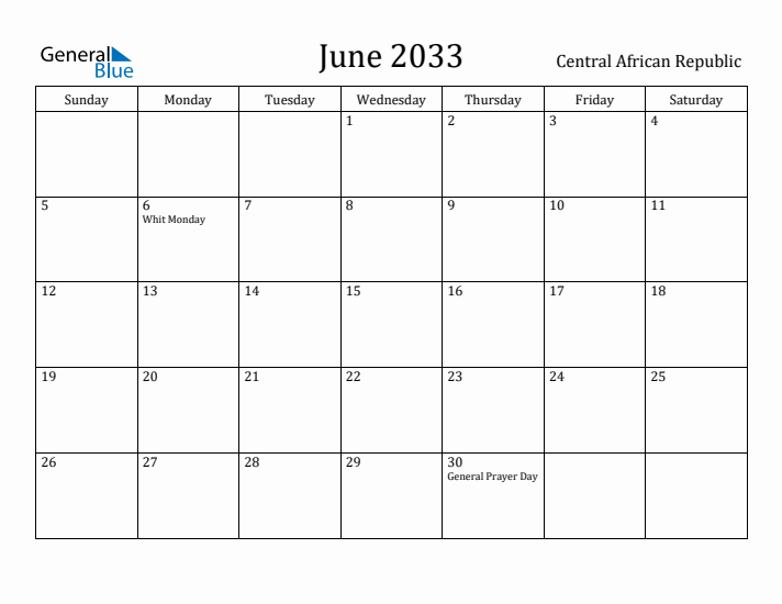 June 2033 Calendar Central African Republic