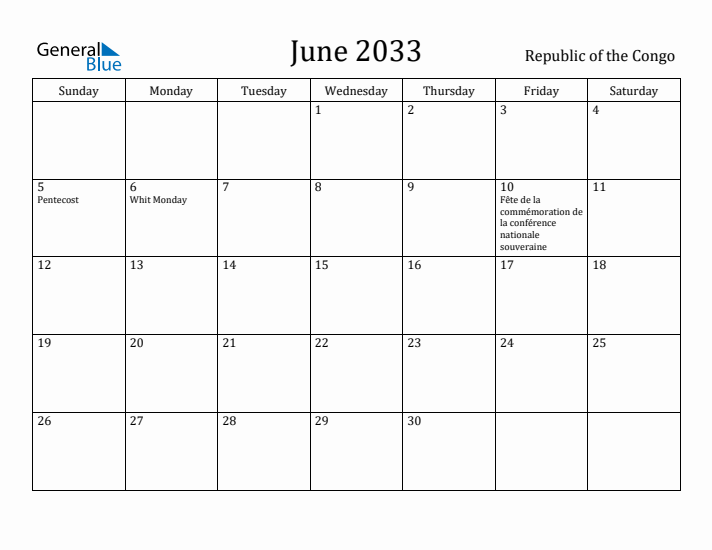 June 2033 Calendar Republic of the Congo