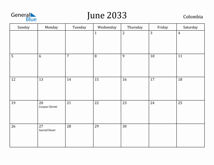 June 2033 Calendar Colombia
