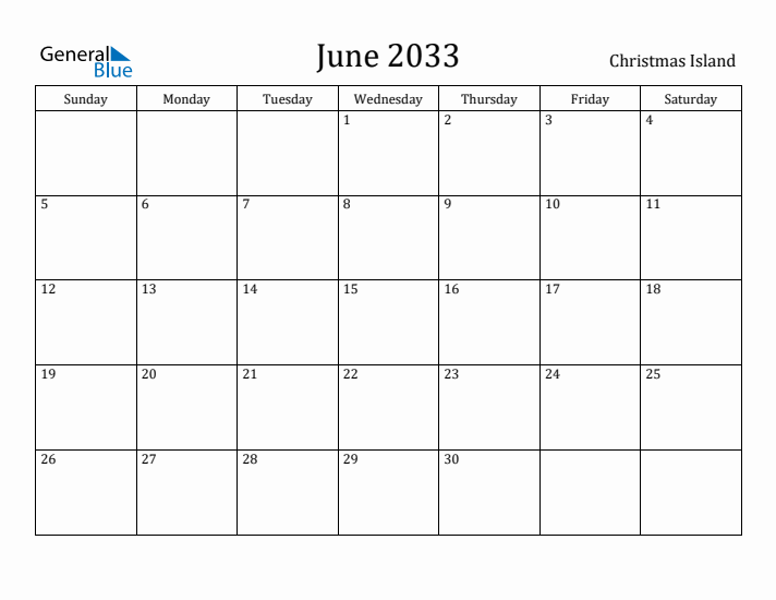 June 2033 Calendar Christmas Island