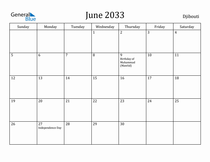 June 2033 Calendar Djibouti