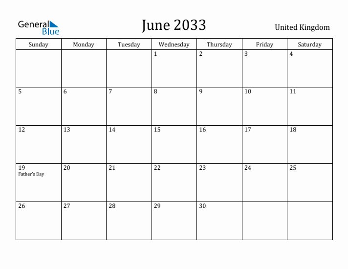 June 2033 Calendar United Kingdom