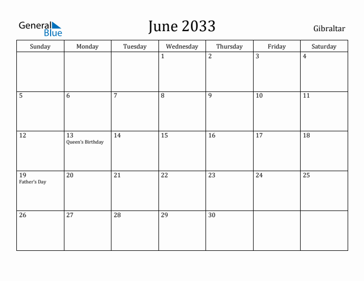 June 2033 Calendar Gibraltar