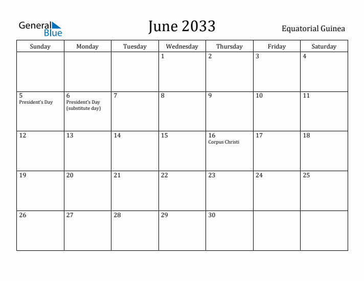 June 2033 Calendar Equatorial Guinea