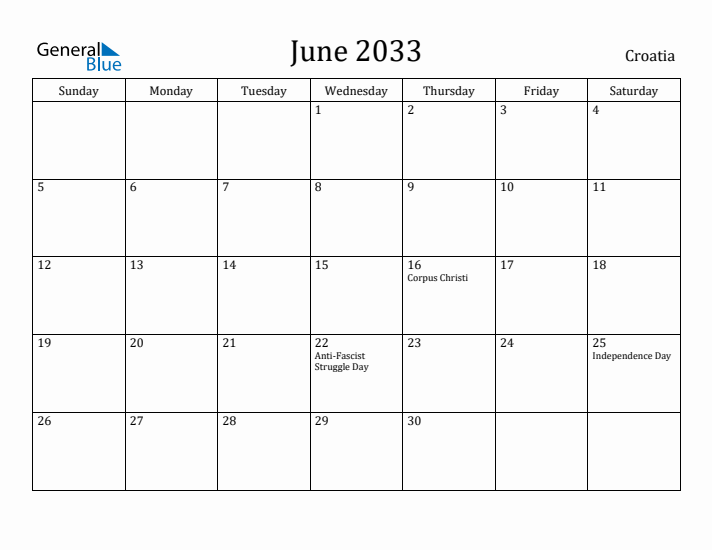 June 2033 Calendar Croatia