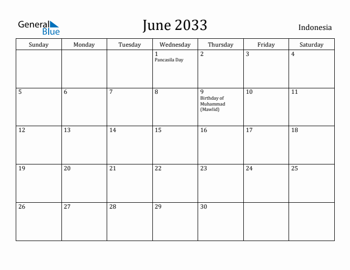 June 2033 Calendar Indonesia