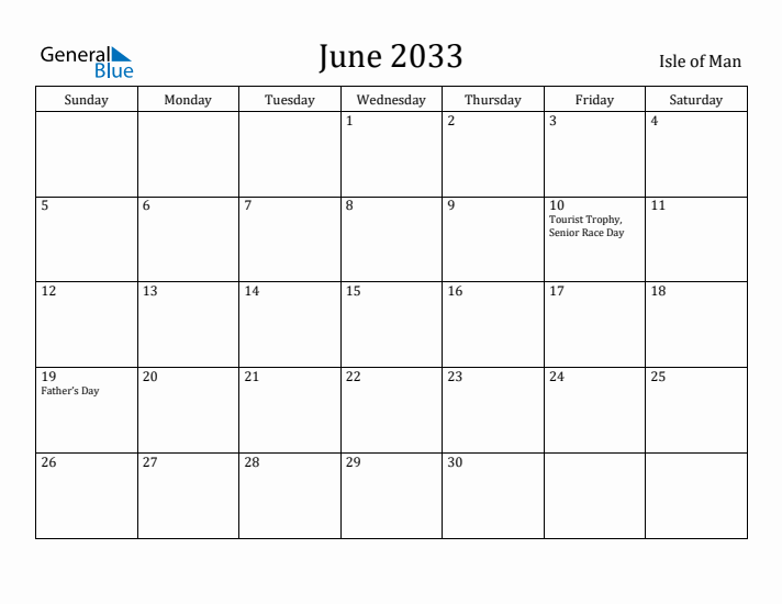 June 2033 Calendar Isle of Man