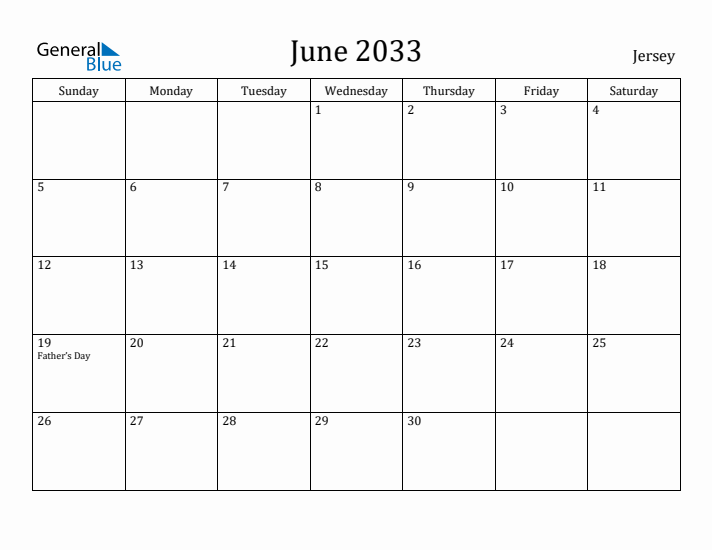 June 2033 Calendar Jersey