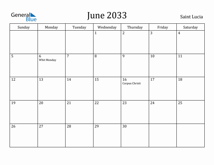 June 2033 Calendar Saint Lucia