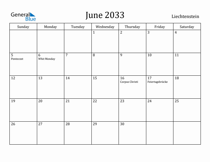 June 2033 Calendar Liechtenstein