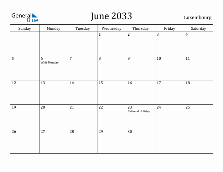 June 2033 Calendar Luxembourg