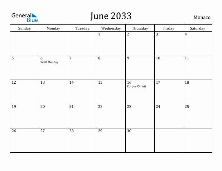 June 2033 Calendar Monaco