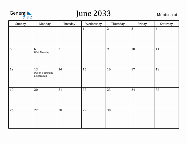 June 2033 Calendar Montserrat