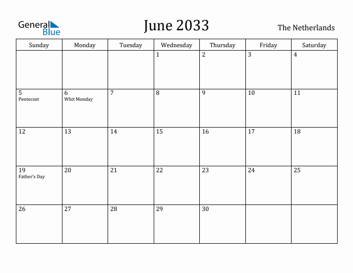 June 2033 Calendar The Netherlands