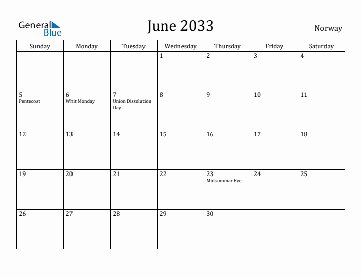 June 2033 Calendar Norway
