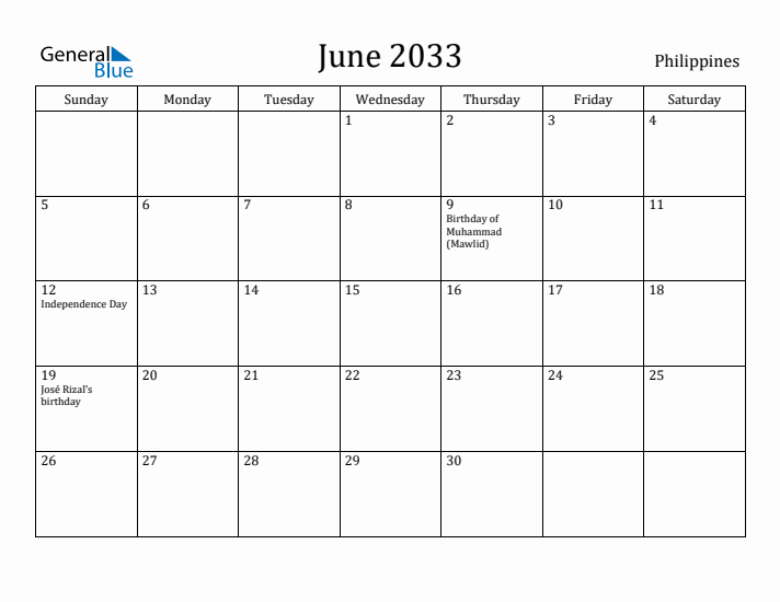 June 2033 Calendar Philippines