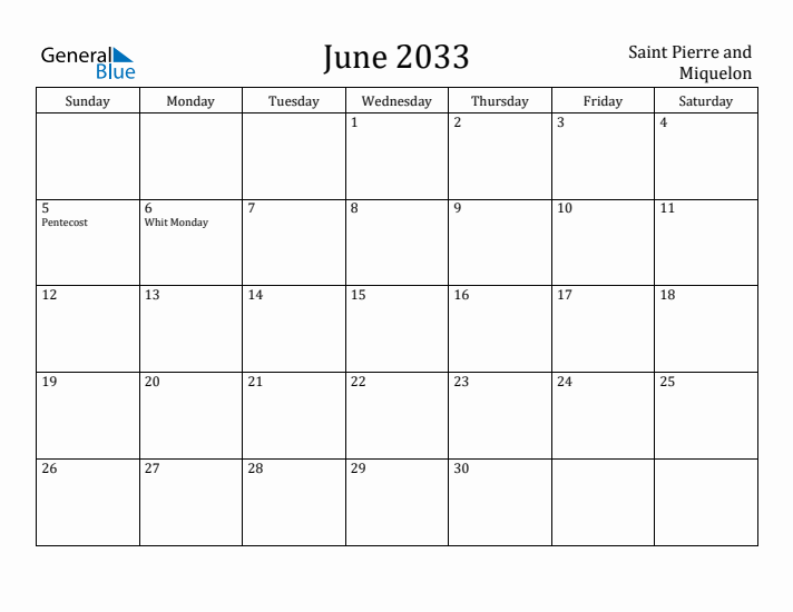June 2033 Calendar Saint Pierre and Miquelon
