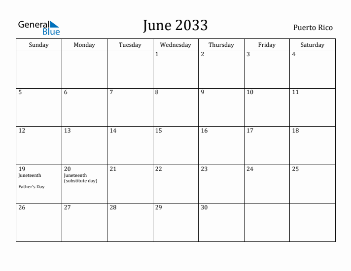 June 2033 Calendar Puerto Rico