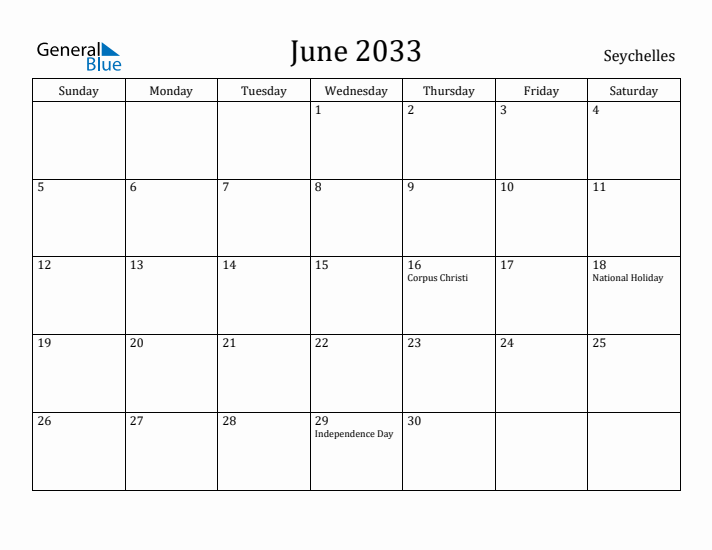 June 2033 Calendar Seychelles