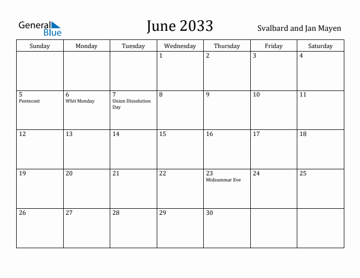 June 2033 Calendar Svalbard and Jan Mayen