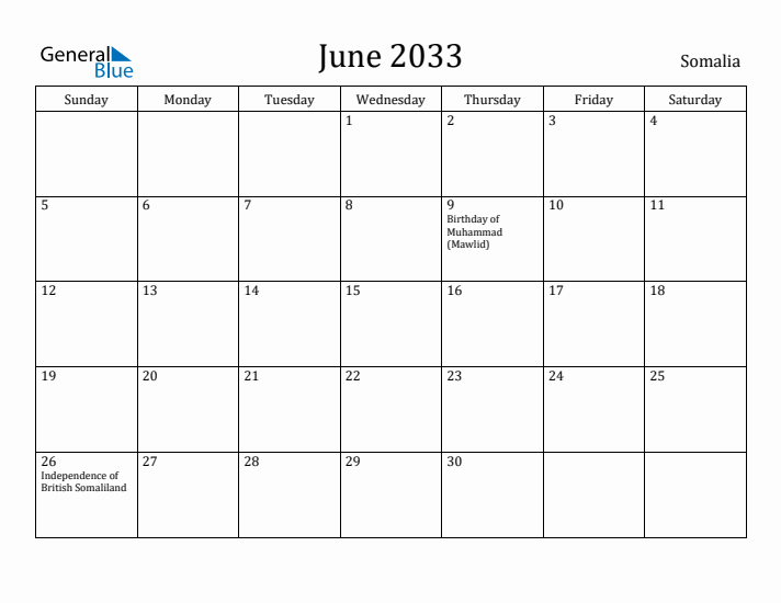 June 2033 Calendar Somalia