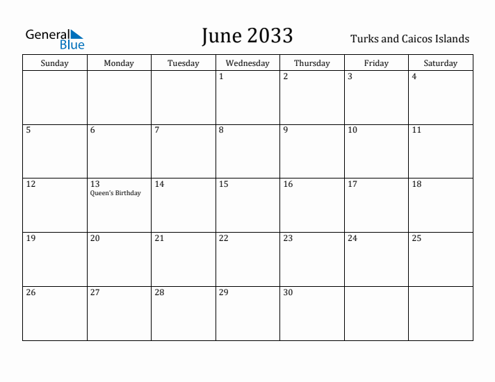 June 2033 Calendar Turks and Caicos Islands