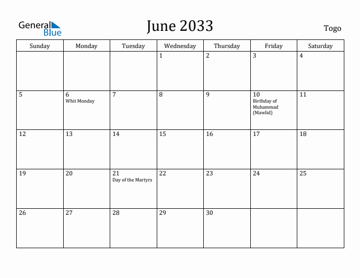 June 2033 Calendar Togo