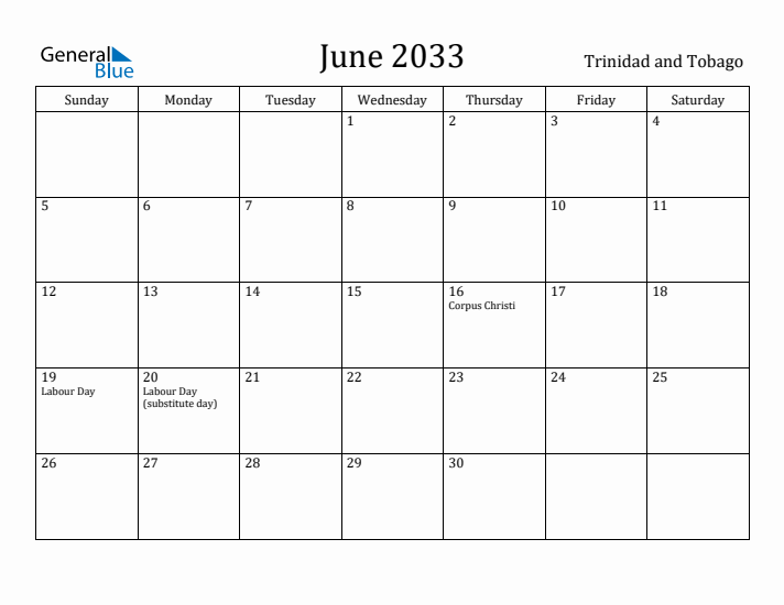 June 2033 Calendar Trinidad and Tobago