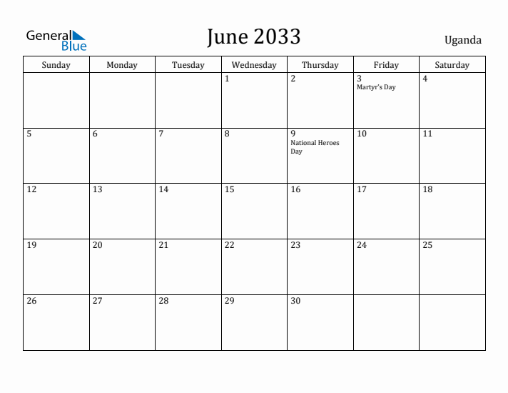 June 2033 Calendar Uganda