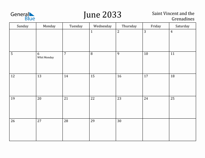 June 2033 Calendar Saint Vincent and the Grenadines