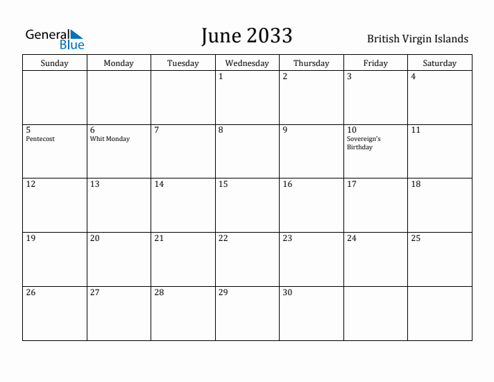 June 2033 Calendar British Virgin Islands