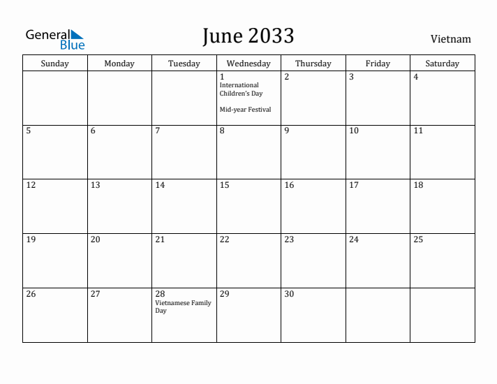 June 2033 Calendar Vietnam