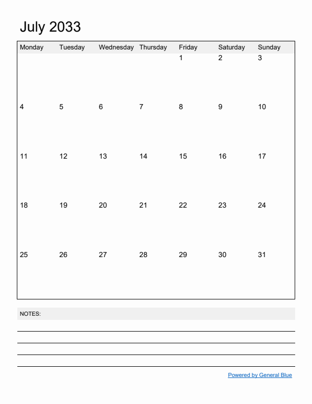 Basic Monthly Calendar Template for July 2033
