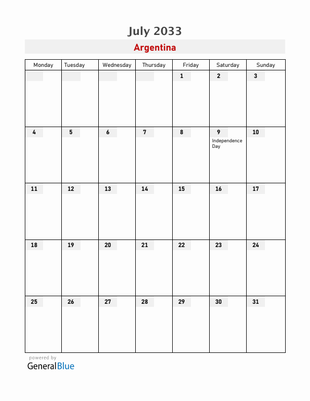 Argentina July 2033 Calendar with Holidays
