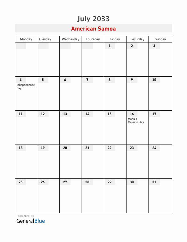 American Samoa July 2033 Calendar with Holidays