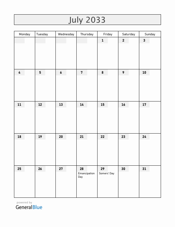 Bermuda July 2033 Calendar with Holidays