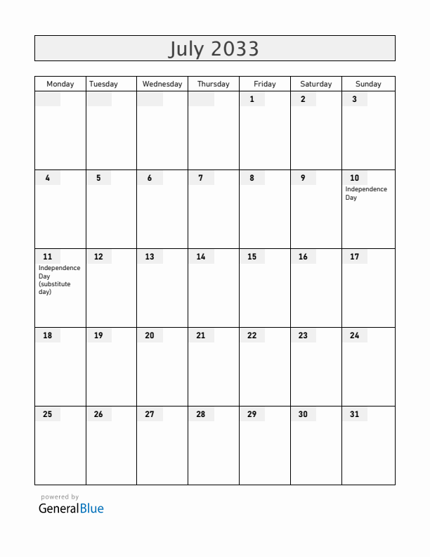 Bahamas July 2033 Calendar with Holidays