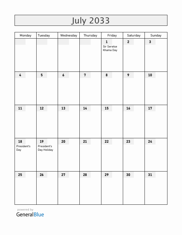 Botswana July 2033 Calendar with Holidays