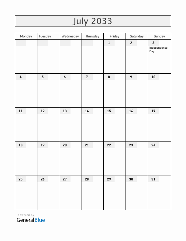 Belarus July 2033 Calendar with Holidays