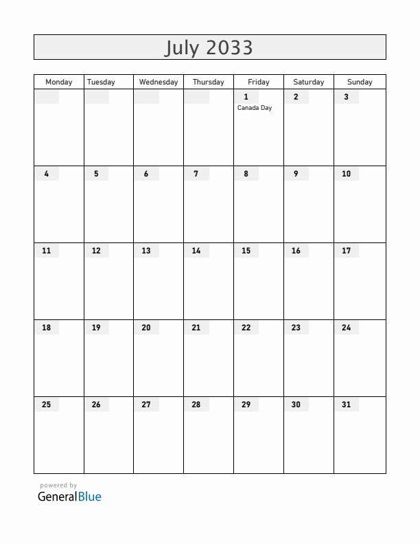 Canada July 2033 Calendar with Holidays
