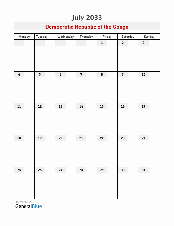 Democratic Republic of the Congo July 2033 Calendar with Holidays