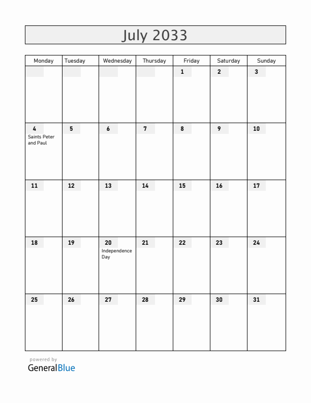 Colombia July 2033 Calendar with Holidays
