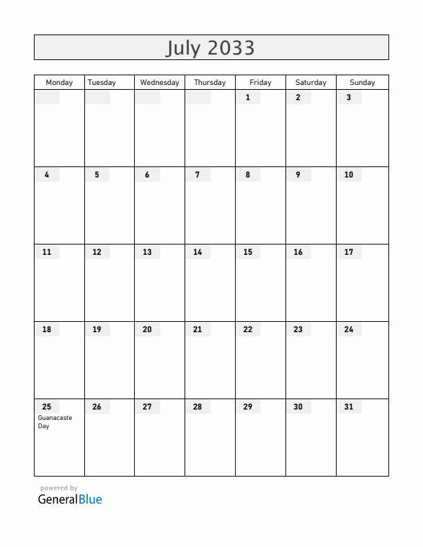 Costa Rica July 2033 Calendar with Holidays