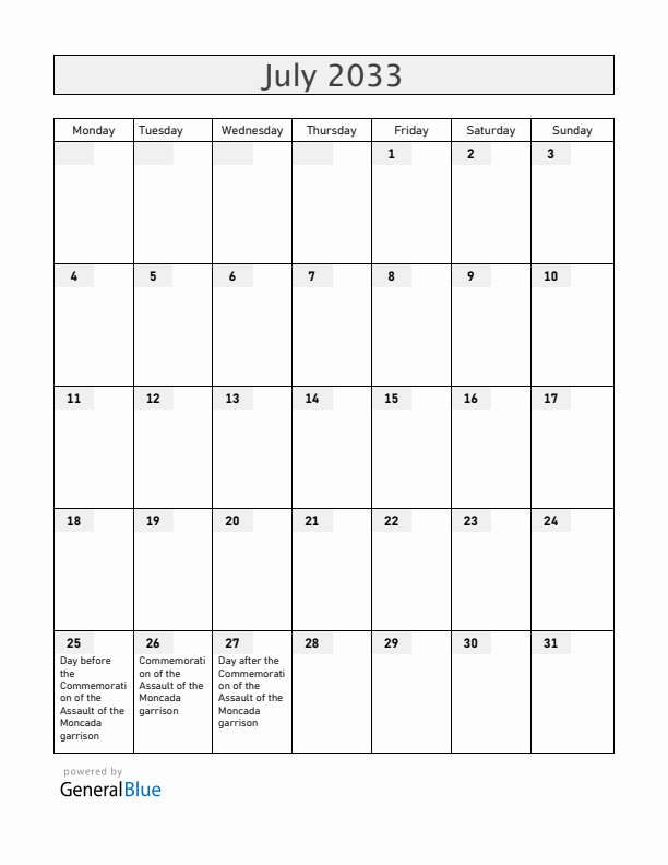 Cuba July 2033 Calendar with Holidays