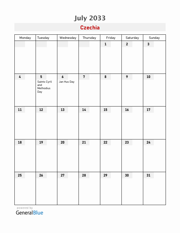Czechia July 2033 Calendar with Holidays