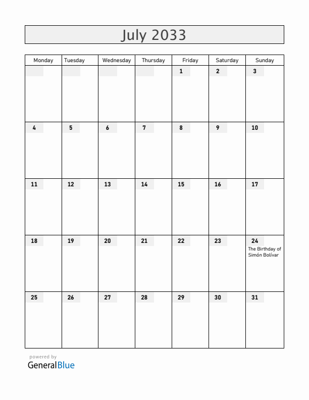 Ecuador July 2033 Calendar with Holidays
