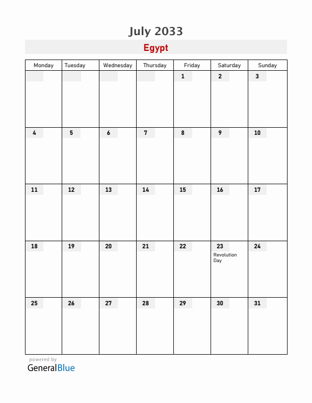 Egypt July 2033 Calendar with Holidays