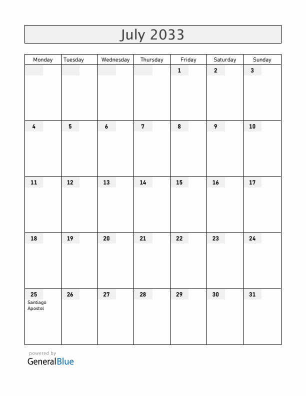 Spain July 2033 Calendar with Holidays